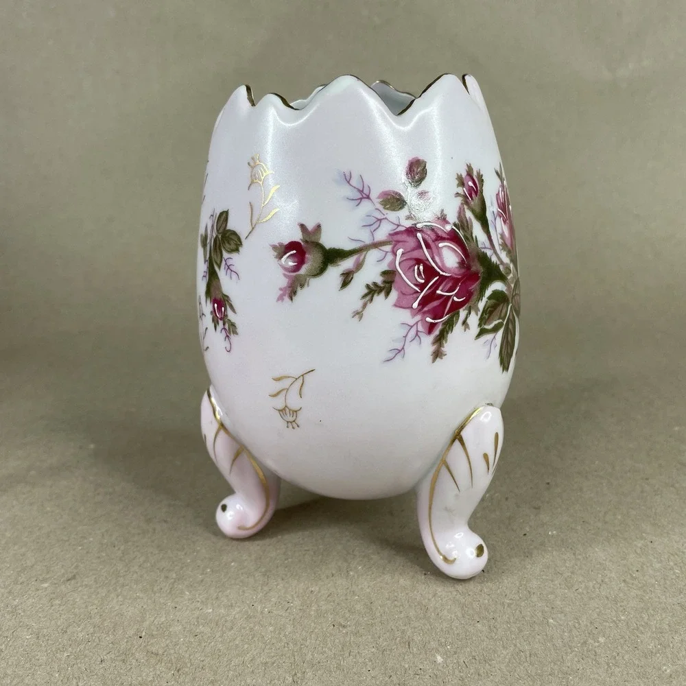 Vintage Porcelain Napcoware Pink Roses Gold Trim Cracked Egg‎ Boudoir Vase